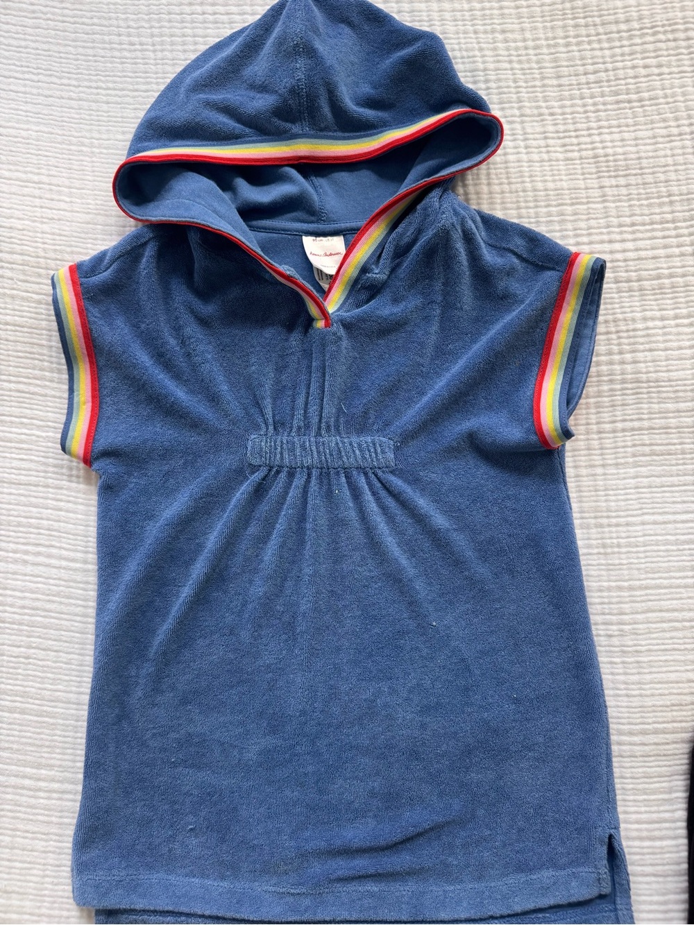Hanna Anderson Blue Hooded Kids Terry Tunic with Rainbow Trim